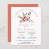 Budget Bloemen Koraal Roze 50e Verjaardagsuitnodig (Voorkant / Achterkant)