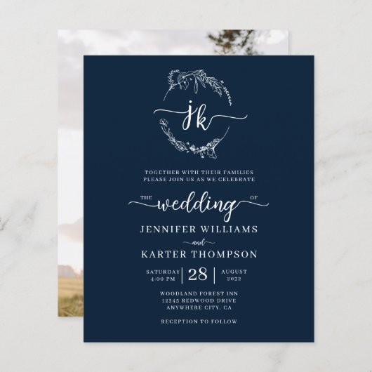 BUDGET Bloemen Marine Blauw Monogram Foto Bruiloft (Voorkant / Achterkant)