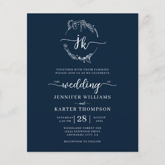 BUDGET Bloemen Marine Blauw Monogram Foto Bruiloft (Voorkant)