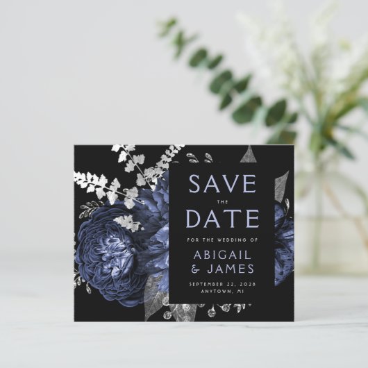 Budget Bloemen Marine Blauw Zilver Save the Date (Staand voorkant)