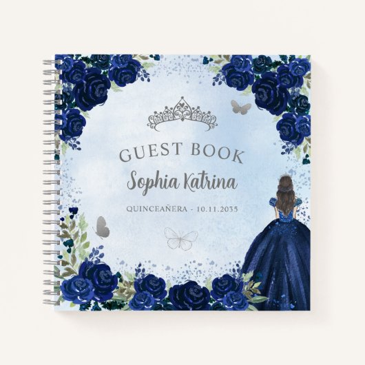 Budget Bloemen Navy Blauw Grijs Quinceanera Gasten Notitieboek (Voorkant)