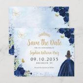 Budget Bloemen Navy Blue Quinceanera Save the Date (Voorkant / Achterkant)