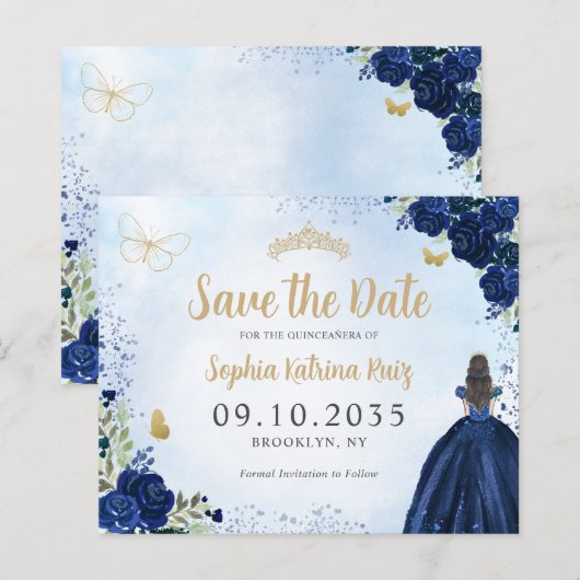 Budget Bloemen Navy Blue Quinceanera Save the Date (Voorkant / Achterkant)