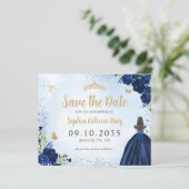 Budget Bloemen Navy Blue Quinceanera Save the Date (Staand voorkant)