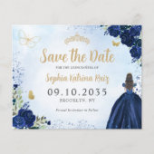 Budget Bloemen Navy Blue Quinceanera Save the Date (Voorkant)