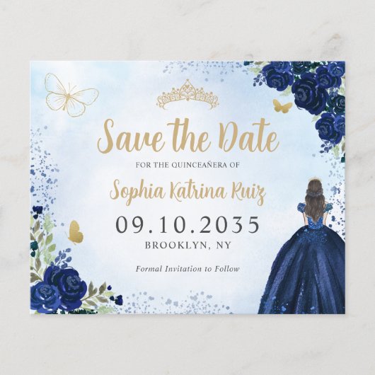 Budget Bloemen Navy Blue Quinceanera Save the Date (Voorkant)