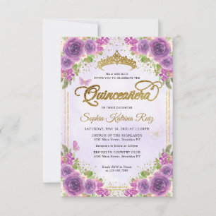 Budget Bloemen Paarse Glam Gouden Glitter Quinceañ Notitiekaartje