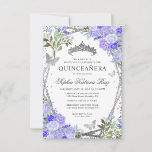 Budget Bloemen Paarse Glam Silver Tiara Quinceañer Notitiekaartje