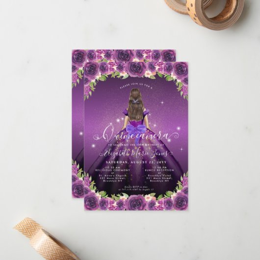 Budget Bloemen Paarse Gouden Prinses Quinceanera Notitiekaartje (Voorkant / Achterkant in situ)