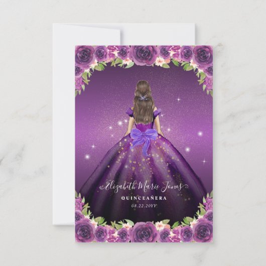 Budget Bloemen Paarse Gouden Prinses Quinceanera Notitiekaartje (Achterkant)