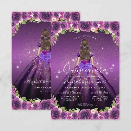Budget Bloemen Paarse Gouden Prinses Quinceanera Notitiekaartje (Voorkant / Achterkant)