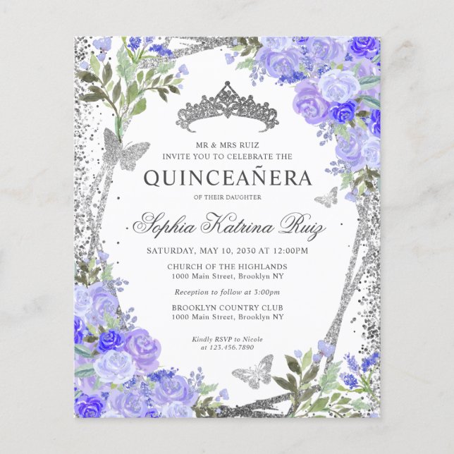 Budget Bloemen Paarse zilveren Quinceañera Invite (Voorkant)