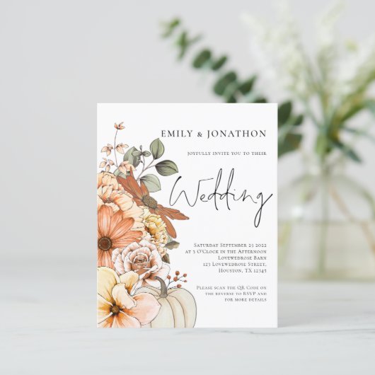 Budget Bloemen Pompoen Script QR bruiloft uitnodig (Staand voorkant)