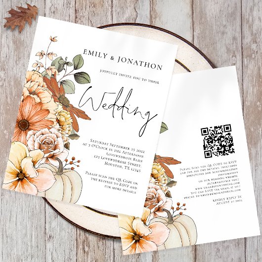 Budget Bloemen Pompoen Script QR bruiloft uitnodig