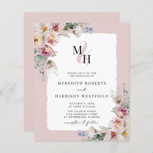 Budget Bloemen QR Code Monogram Bruiloft Uitnodigi (Voorkant / Achterkant)