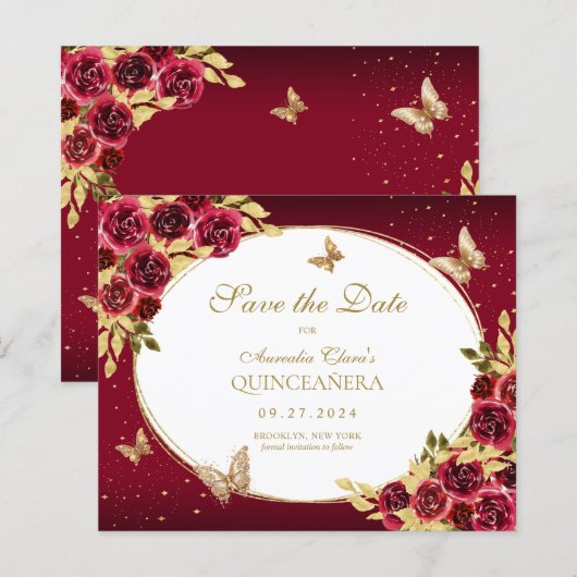 BUDGET Bloemen Rode Gouden Vlinder Quinceanera (Voorkant / Achterkant)