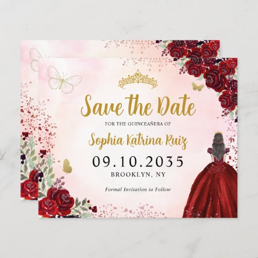 Budget Bloemen Rood Goud Quinceanera Save the Date (Voorkant / Achterkant)