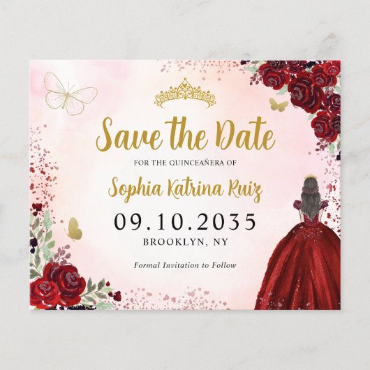 Budget Bloemen Rood Goud Quinceanera Save the Date (Voorkant)