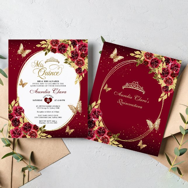 BUDGET Bloemen Rood Goud Tiara Vlinder Quinceañera (Creator heeft geüpload)