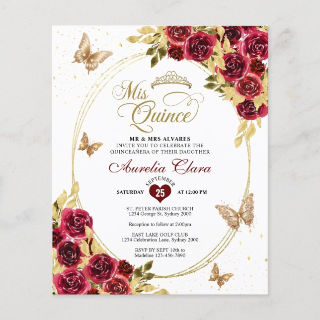 BUDGET Bloemen Rood Goud Tiara Vlinder Quinceañera (Voorkant)