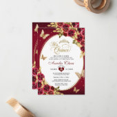 BUDGET Bloemen Rood Goud Tiara Vlinder Quinceañera Notitiekaartje (Voorkant / Achterkant in situ)