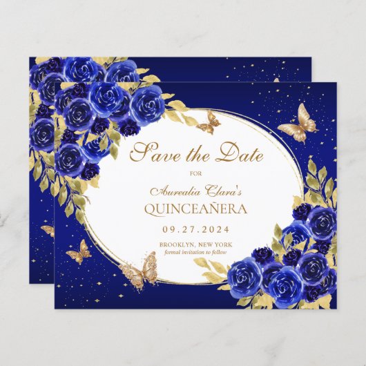 BUDGET Bloemen Royal Blue Butterfly Quinceanera (Voorkant / Achterkant)