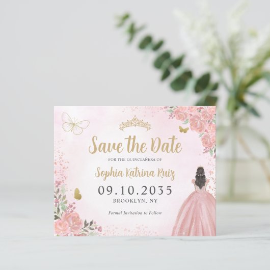 Budget Bloemen Roze Goud Quinceanera Save the Date (Staand voorkant)