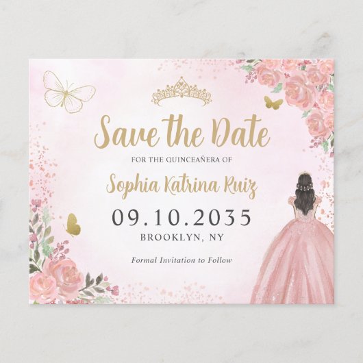Budget Bloemen Roze Goud Quinceanera Save the Date (Voorkant)