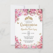 Budget Bloemen Roze Gouden Glitter Tiara Quinceañe Notitiekaartje (Voorkant)