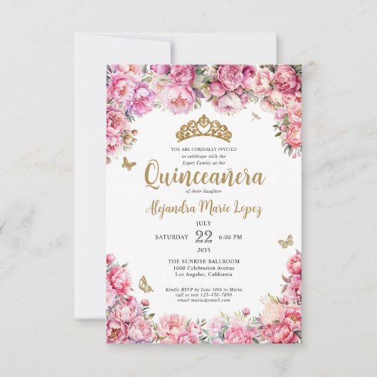Budget Bloemen Roze Gouden Glitter Tiara Quinceañe Notitiekaartje (Voorkant)
