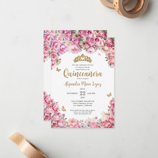 Budget Bloemen Roze Gouden Glitter Tiara Quinceañe Notitiekaartje (Voorkant / Achterkant in situ)