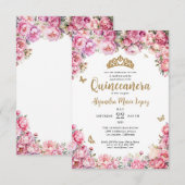 Budget Bloemen Roze Gouden Glitter Tiara Quinceañe Notitiekaartje (Voorkant / Achterkant)