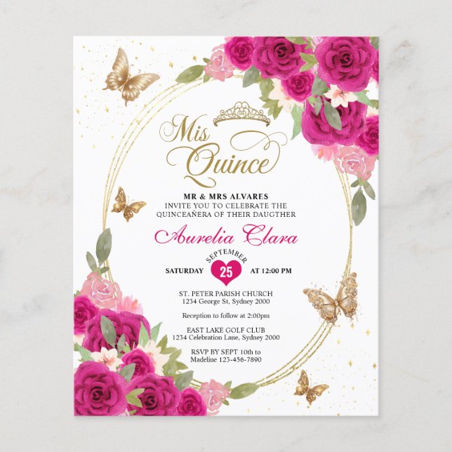 BUDGET Bloemen roze gouden vlinder Mis Quinceañera (Voorkant)