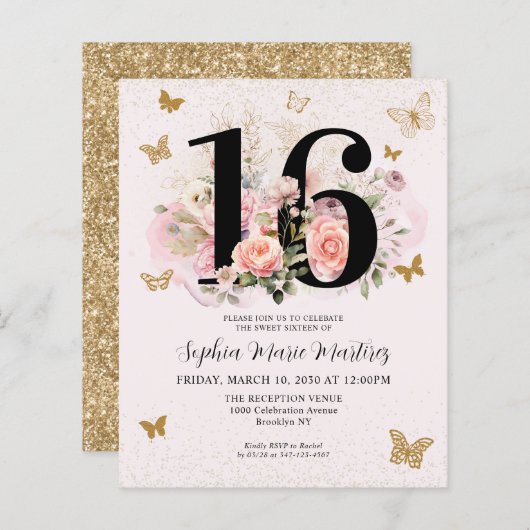 Budget Bloemen Roze Gouden Vlinder Sweet 16 Party (Voorkant / Achterkant)