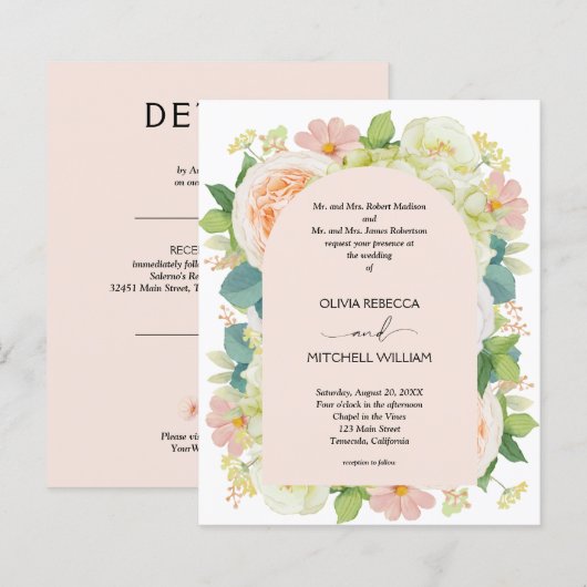 Budget Bloemen Roze Trouw Alles-in-één Uitnodiging (Voorkant / Achterkant)