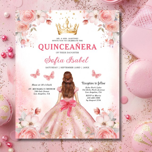 Budget Bloemen Roze Tweetalig Spaans Quinceanera (Creator heeft geüpload)