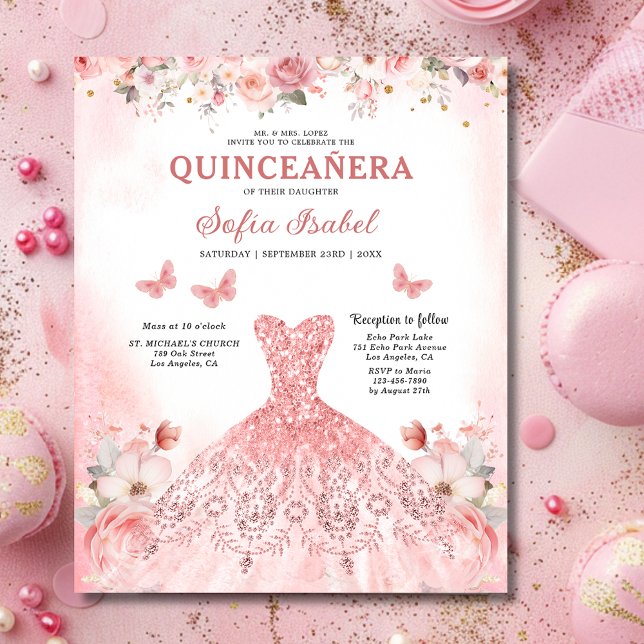 Budget Bloemen Roze Tweetalig Spaans Quinceanera (Creator heeft geüpload)