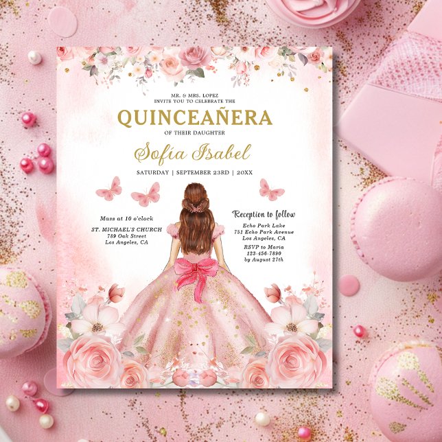 Budget Bloemen Roze Tweetalig Spaans Quinceanera (Creator heeft geüpload)