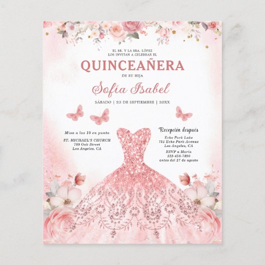 Budget Bloemen Roze Tweetalig Spaans Quinceanera Flyer (Achterkant)