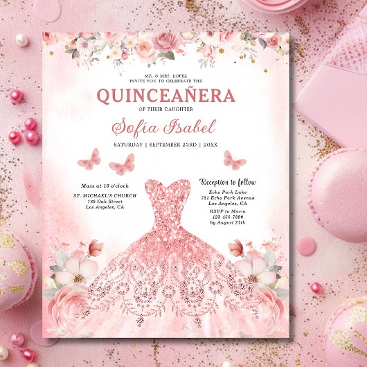 Budget Bloemen Roze Tweetalig Spaans Quinceanera Flyer