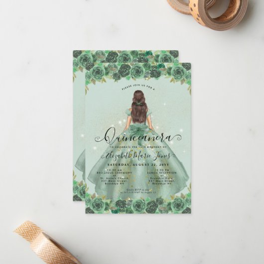 Budget Bloemen Salie Groen Goud Prinses Quinceaner Notitiekaartje (Voorkant / Achterkant in situ)