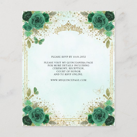 Budget Bloemen Smaragd Groen Glam Goud Quinceañera Flyer (Achterkant)