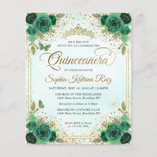 Budget Bloemen Smaragd Groen Glam Goud Quinceañera Flyer (Voorkant)