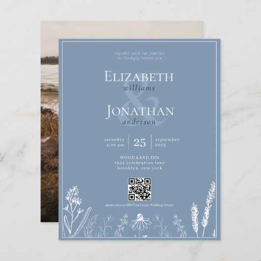 BUDGET Bloemen Stoffig Blauw Monogram QR Foto Brui (Voorkant / Achterkant)