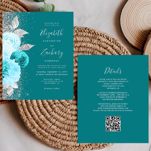 Budget Bloemen Turquoise Zilver QR Code Huwelijk