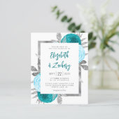 Budget Bloemen Turquoise Zilveren bruiloft Uitnodi (Staand voorkant)
