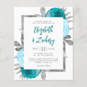 Budget Bloemen Turquoise Zilveren bruiloft Uitnodi (Voorkant)