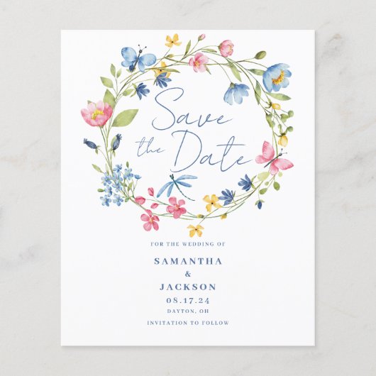 Budget Bloemen Waterverf Bruiloft Save The Date Flyer (Voorkant)