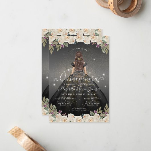 Budget Bloemen Zwart Goud Prinses Quinceanera Notitiekaartje (Voorkant / Achterkant in situ)