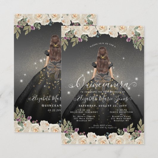 Budget Bloemen Zwart Goud Prinses Quinceanera Notitiekaartje (Voorkant / Achterkant)